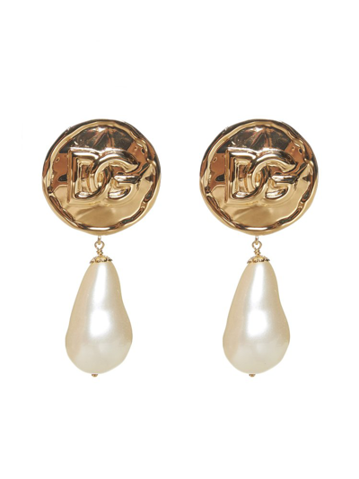 Shop Dolce & Gabbana Dg Logo Embossed Teardrop Pendant Earrings In Gold