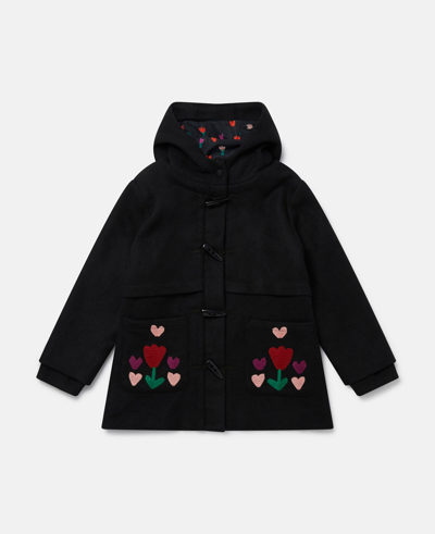 Shop Stella Mccartney Tulip Embroidery Hooded Duffle Coat In Black