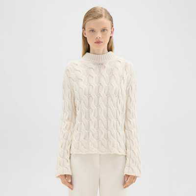 Shop Theory Cable Knit Mock Neck Sweater In Felted Wool-cashmere In Ivory