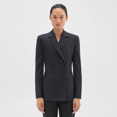 Shop Theory Double-breasted Slim Blazer In Pinstripe Wool Flannel In Charcoal Multi