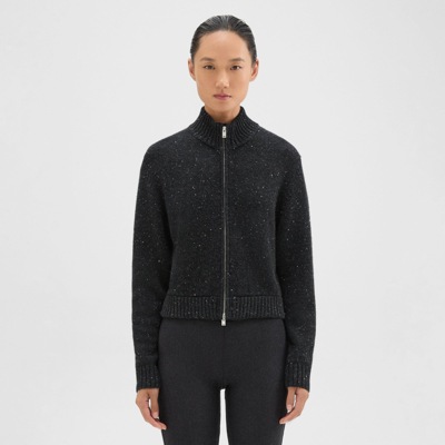 Shop Theory Mock Neck Zip-up Cardigan In Donegal Wool-cashmere In Charcoal Multi