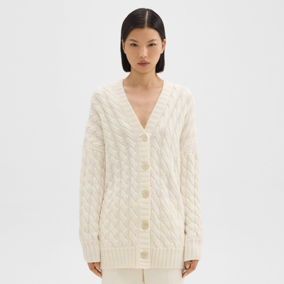 Shop Theory Cable Knit Cardigan In Felted Wool-cashmere In Ivory