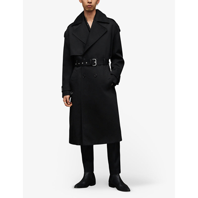 Shop Allsaints Men's Black Belted Oversized-fit Cotton Trench Coat