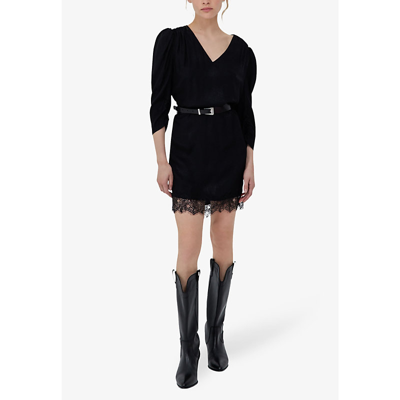 Shop Ikks Lace-trim Puffed-sleeve Woven Mini Dress In Black