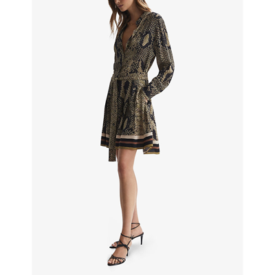 Shop Reiss Women's Brown Rory Snake-print Woven Mini Dress