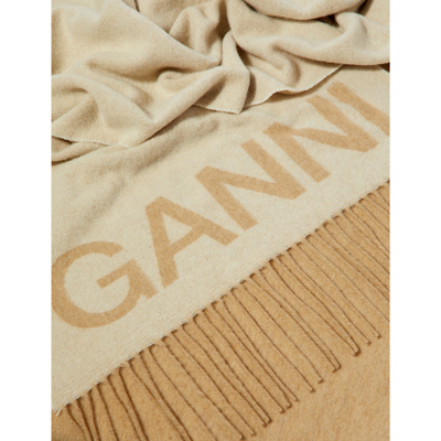 Ganni Womens Egret Logo-print Recycled Wool-blend Scarf In Egret