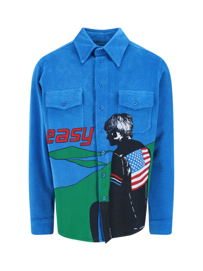 Shop Erl 'easy' Print Shirt In Light Blue