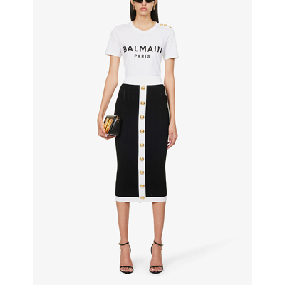 Shop Balmain Women's Black White Gold-toned-hardware Textured Knitted Midi Skirt