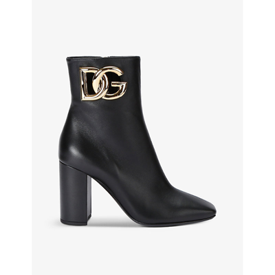 Shop Dolce & Gabbana Women's Black Logo-plaque Leather Ankle Boots