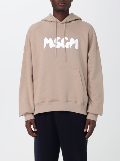 Shop Msgm Cotton Sweatshirt With Logo In Beige