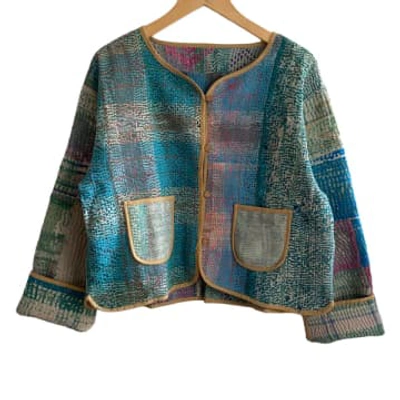 Shop Behotribe  &  Nekewlam Jacket Reversable Vintage Kantha Cotton Pastel Blue