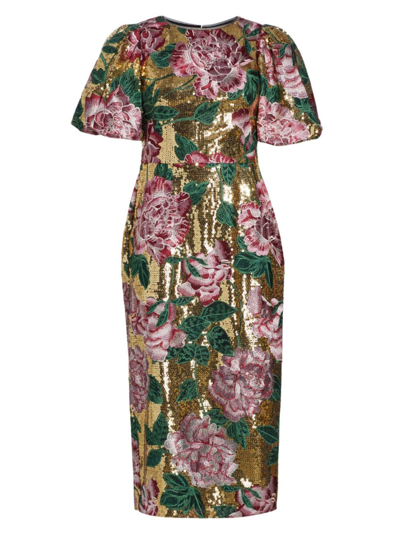 Shop Marchesa Notte Women's Embroidered Floral Midi-dress In Gold
