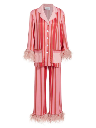 Shop Sleeper Women's Striped Feather-trim Two-piece Pajama Set In Neutral