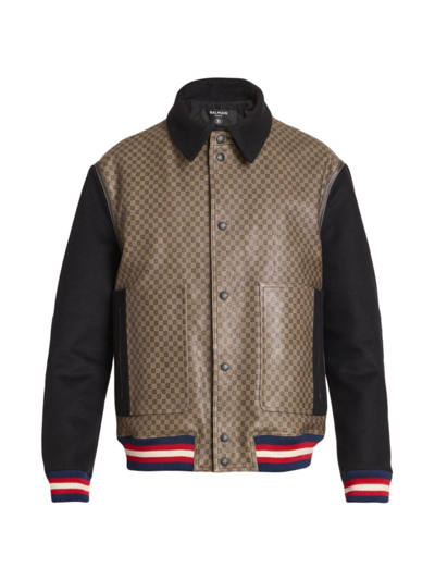 Shop Balmain Men's Monogram Leather Teddy Jacket In Brown