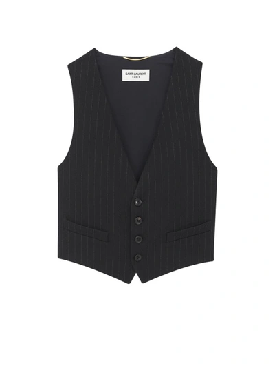 Shop Saint Laurent Responsible Wool Vest With Striped Motif In Black