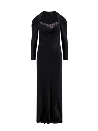 Shop Alberta Ferretti Satin Dress With Lace Profile In Black