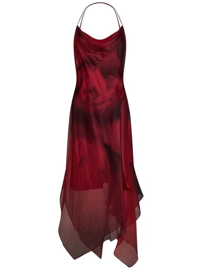 Shop Alberta Ferretti Long Red Rose-print Silk Chiffon Dress