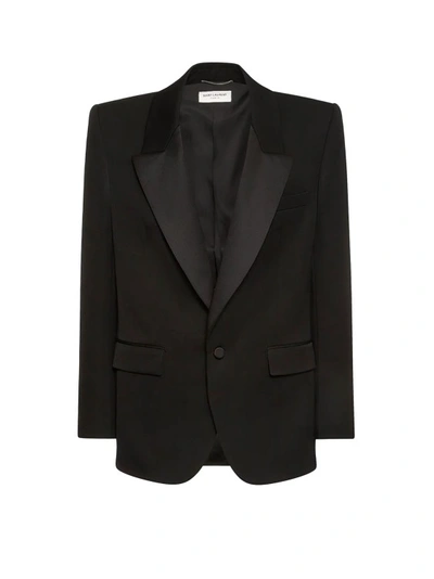 Shop Saint Laurent Tuxedo Wool Blazer With Satin Lapel In Black
