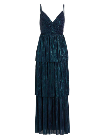 Shop Sabina Musayev Women's Doris Tiered Pleated Foil Knit Maxi Dress In Dark Ocean
