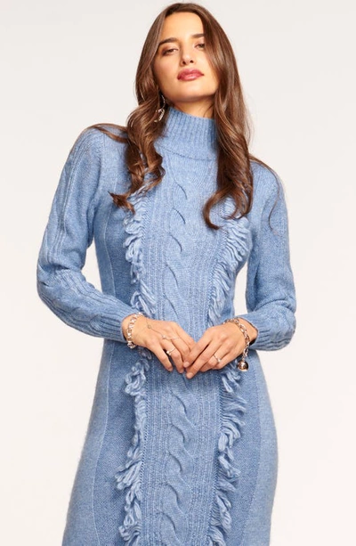 Shop Ramy Brook Charlee Metallic Turtleneck Long Sleeve Maxi Sweater Dress In Steel Blue Cable W Fringe