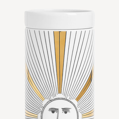 Shop Fornasetti Nel Mentre Tall Scented Candle - Soli Décor - Immaginazione Fragrance In White/black/gold