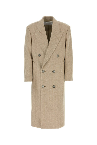 Shop Ami Alexandre Mattiussi Ami Paris Double Breasted Long Sleeved Coat In Beige