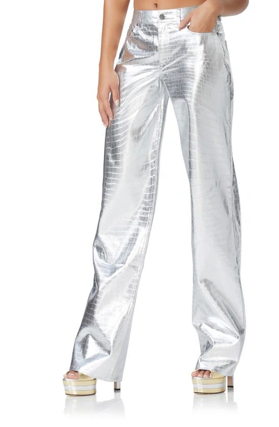Shop Afrm Marshall Croc Embossed Metallic Faux Leather Pants In Metallic Silver