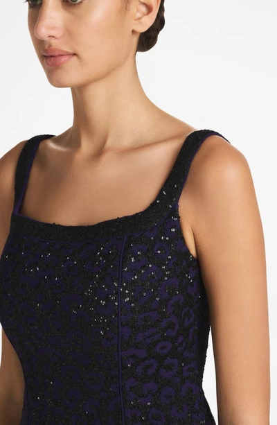 St John Square-neck Leopard Paillette Knit Sleeveless A-line Dress In Purple