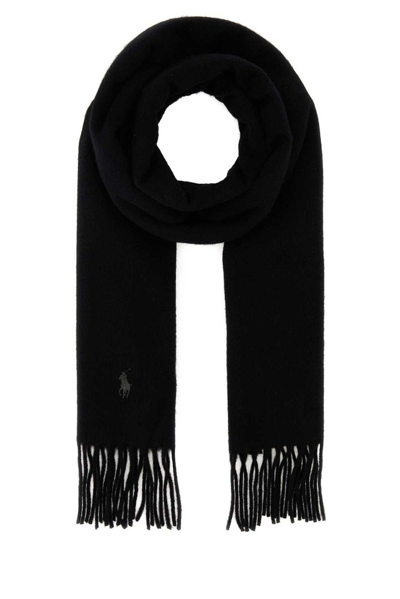 Shop Polo Ralph Lauren Logo Embroidered Fringed Scarf In Black