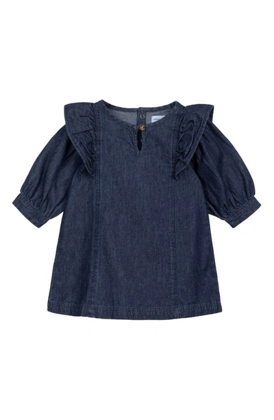 Shop Miles The Label Ruffle Shoulder Organic Cotton Chambray Dress In Blue