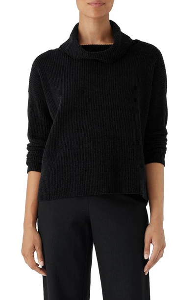 Shop Eileen Fisher Ribbed Organic Cotton Chenille Turtleneck Sweater In Black