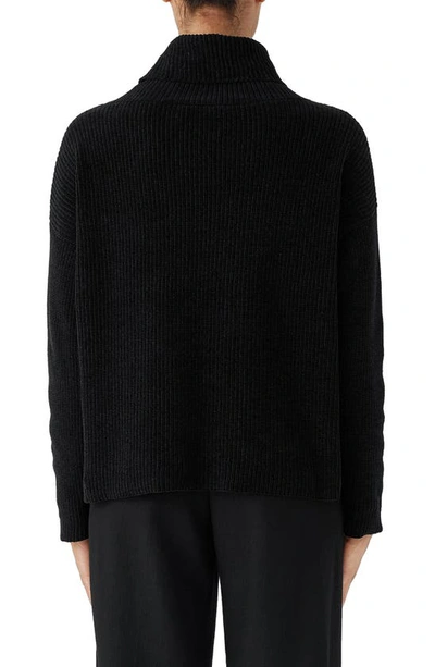 Shop Eileen Fisher Ribbed Organic Cotton Chenille Turtleneck Sweater In Black