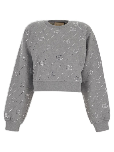 Shop Gucci Interlocking G Embellished Crewneck Sweatshirt In Grey