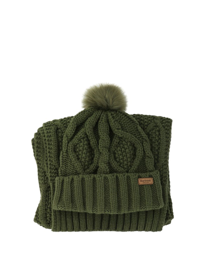 Shop Barbour Logo Patch Beanie And Scarf Set In Green