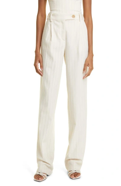 Shop Zimmermann Luminosity Pinstripe Wool & Cotton Pleated Pants In Cream Stripe