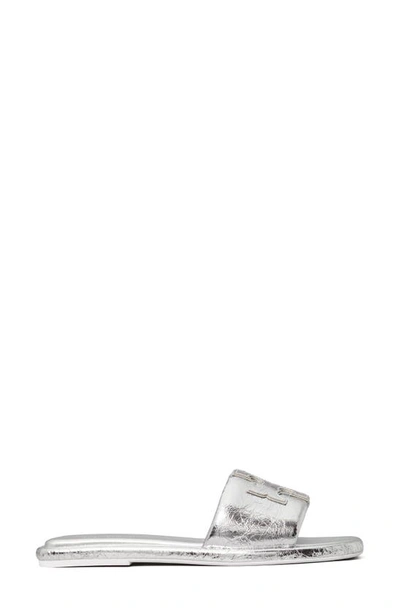 Tory Burch Double T Sport Metallic Slide Sandals In Silver