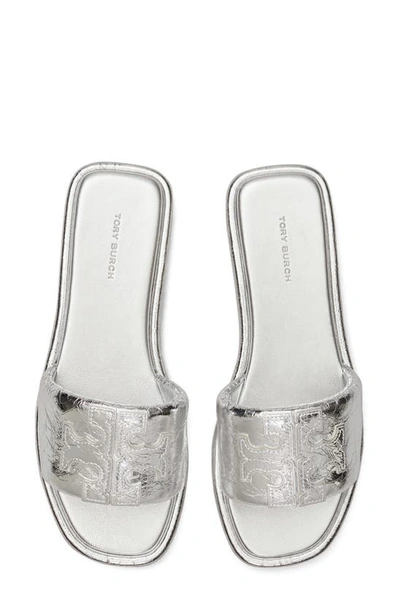 Tory Burch Double T Sport Metallic Slide Sandals In Silver
