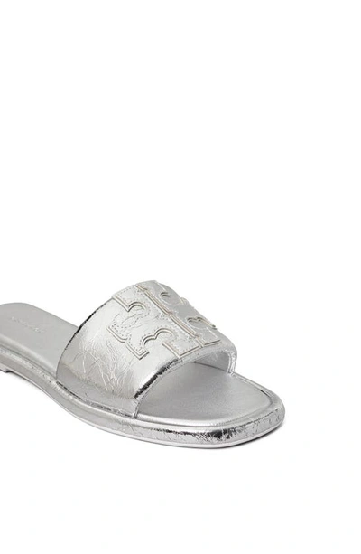 Tory Burch Double T Sport Metallic Slide Sandals In Silver