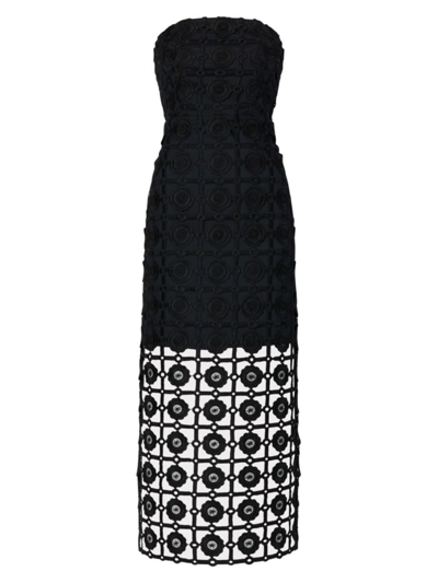 Shop Milly Women's Kait Strapless Tiled Lace Midi-dress In Black
