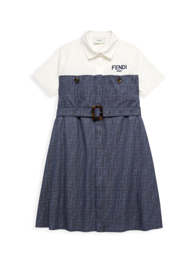 Shop Fendi Little Girl's & Girl's Ff Belted Shirtdress In Navy