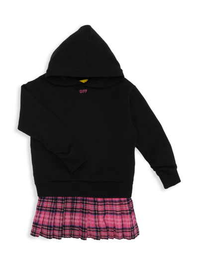 Shop Off-white Little Girl's & Girl's Off Stamp Check Hoodie Dress In Black Fuchsia