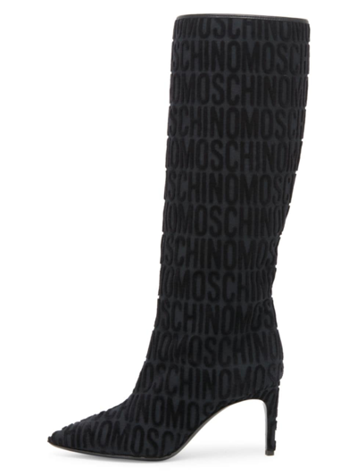 Shop Moschino Women's 70mm Logo Jacquard Knee-high Boots In Nero