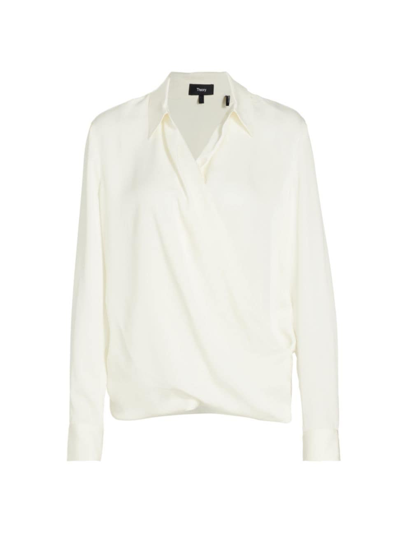 Shop Theory Women's Wrap Silk Blouse In Ivory