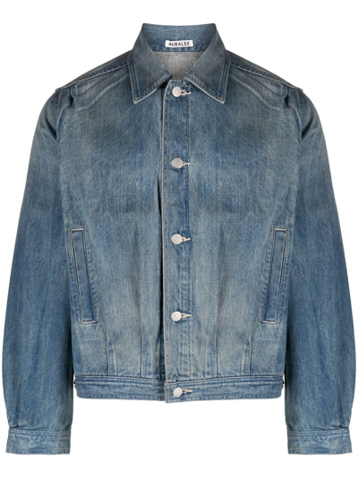 Shop Auralee Blue Crinkled Denim Jacket