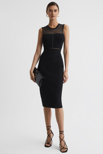 Shop Reiss Lucia - Black Sheer Knitted Bodycon Midi Dress, L