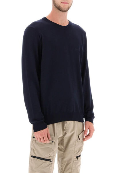 Hugo Boss Eco -sustainable Wool Sweater With Embroidered Logo Boss Botto -l In Blue