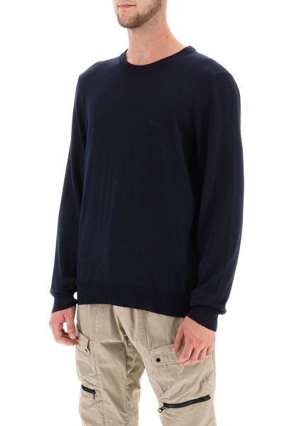 Hugo Boss Eco -sustainable Wool Sweater With Embroidered Logo Boss Botto -l In Blue