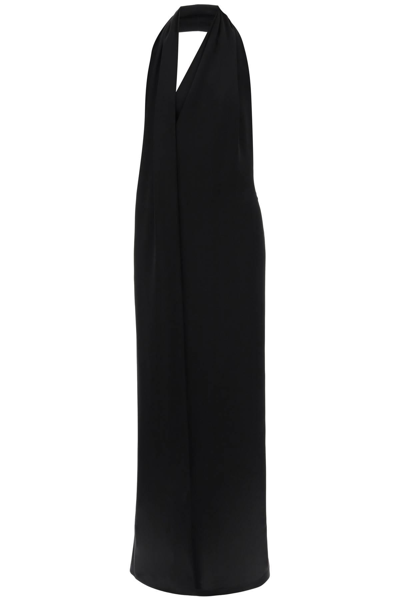 Shop Loewe Satin Maxi Dress With Scarf In Black