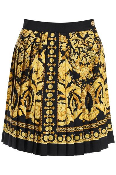 Shop Versace Barocco Pleated Mini Skirt In Yellow,black