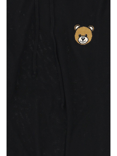 Shop Moschino Teddy Bear Embroidered Drawstring Knitted Hoodie In Nero
